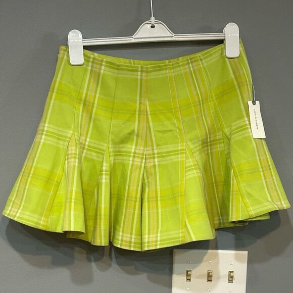 Maeve Anthropologie Skirty Godet Skort chartreuse‎ green plaid size 4 NEW - Picture 2 of 10